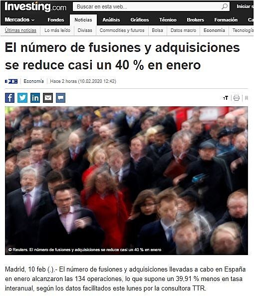 El nmero de fusiones y adquisiciones se reduce casi un 40 % en enero